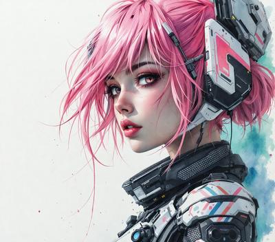 The primary subject of the image is a woman wearing a futuristic outfit, which includes a white and pink headset. She is looking at the camera with a pink headband and pink hair. The setting is a white background, and the visual style is digital art. The colors and mood of the image are predominantly pink and futuristic.